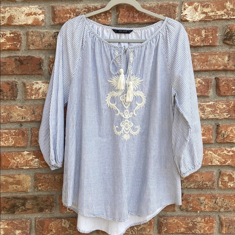 Zara Blue and White Embroidered Blouse